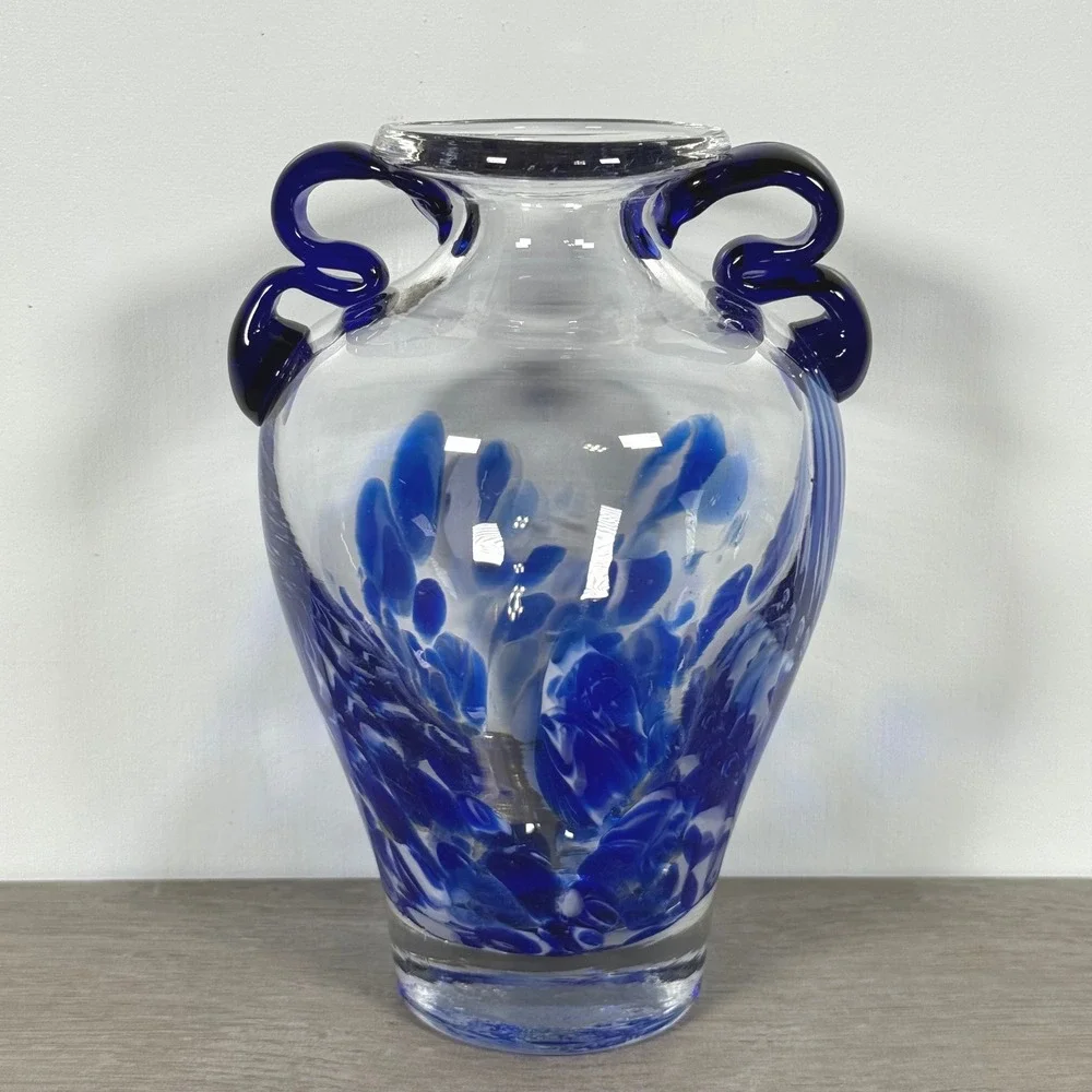 Vintage Italian Art Glass Vase Blue White Pulled Decoration Cobalt Handles 7.5